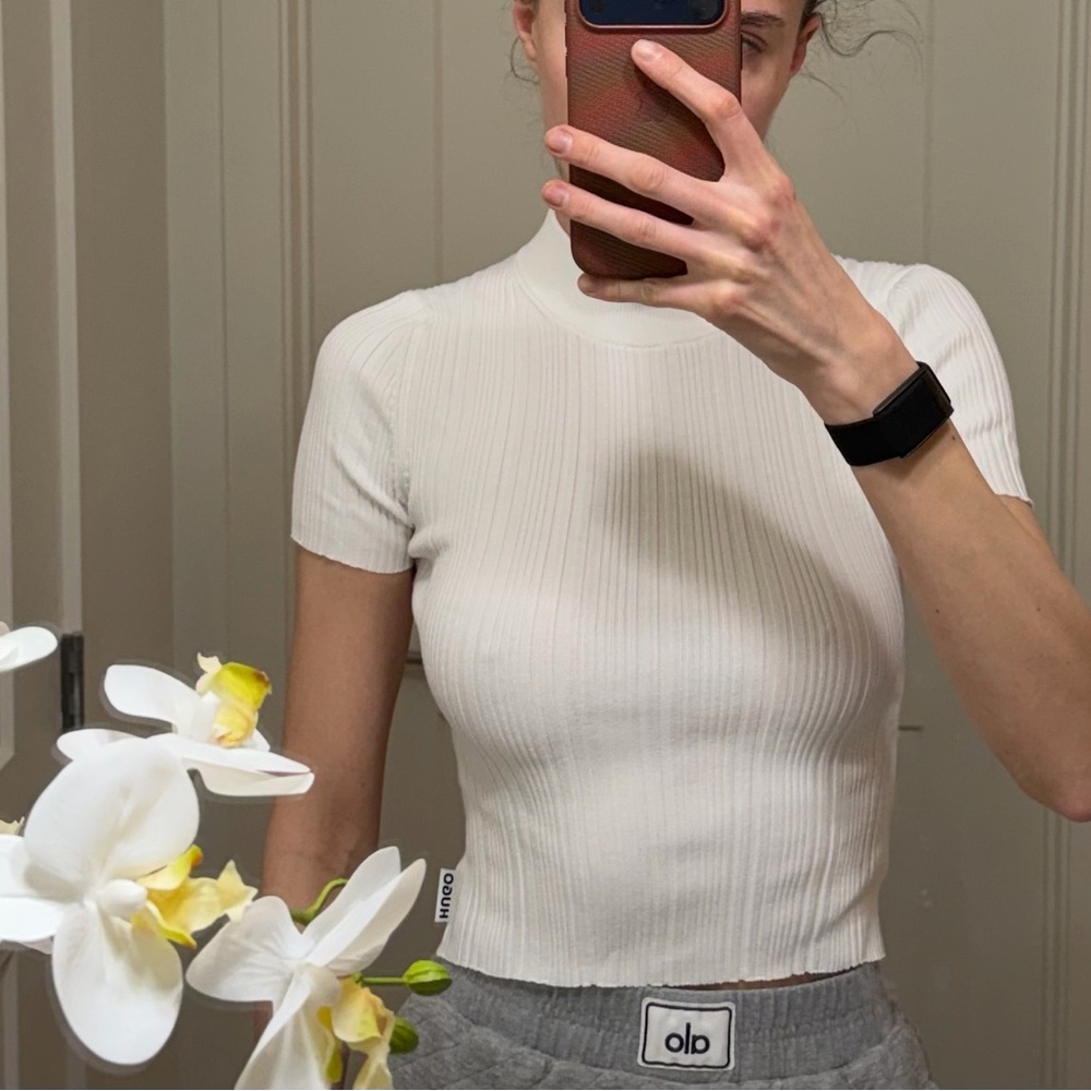 HUGO BOSS Ribbed Mock Neck Short Sleeve Top - White